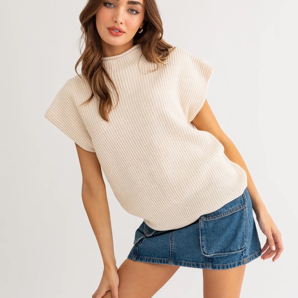 Cream Turtle Neck Power Shoulder Sweater Vest